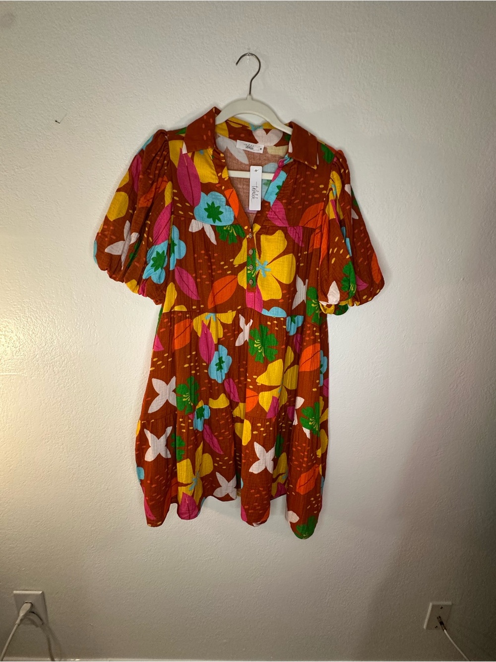 TALULAH Rust Floral Button-Front Shirt Dress with Bright Blooms M